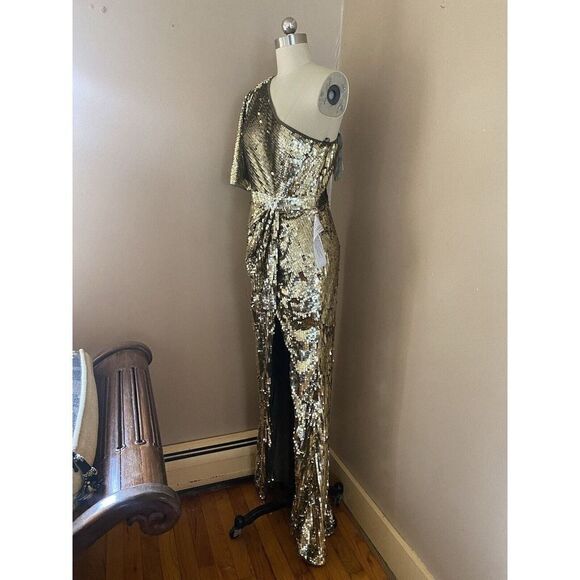 Mac Duggal Gold Sequin One Shoulder High Slit Evening Gown Dress sz 10 NWT $698 - Picture 10 of 12